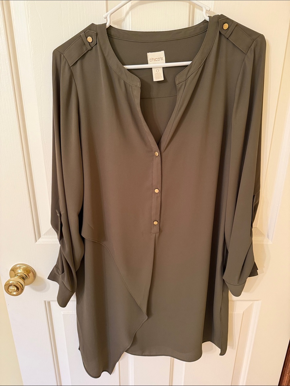 Chico's Olive Green Long-Sleeve V-Neck Tunic with Gold Buttons
